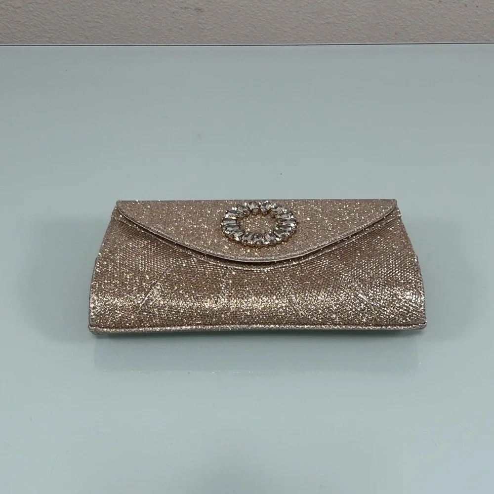 Kate Landry‎ Evening Gold Glitter With Rhinestone Brooch Style Clutch/Crossbody